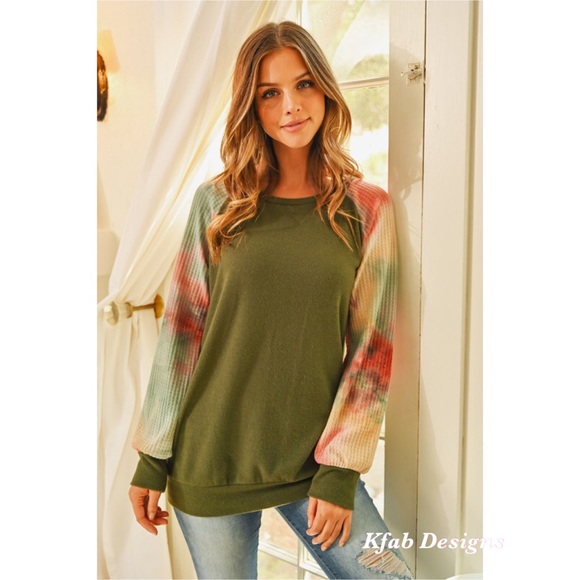 ❤️LAST! Waffle Knit Tie Dye Sleeve Brushed Top! - Picture 2 of 6